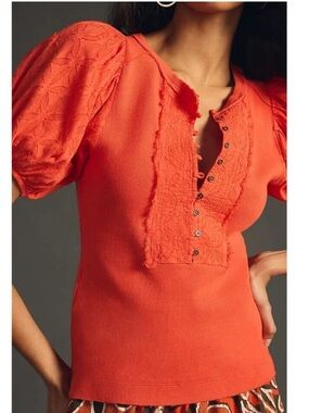 Anthropologie Pilcro Bella Henley Top Orange Puff Sleeve Button Front Medium